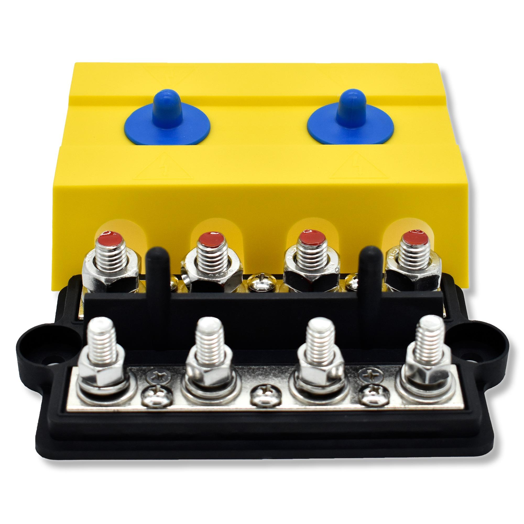 Bluewater Dual 4 Gang Busbar, 3/8″ & 5/16″ Studs, 250A, Yellow Cover