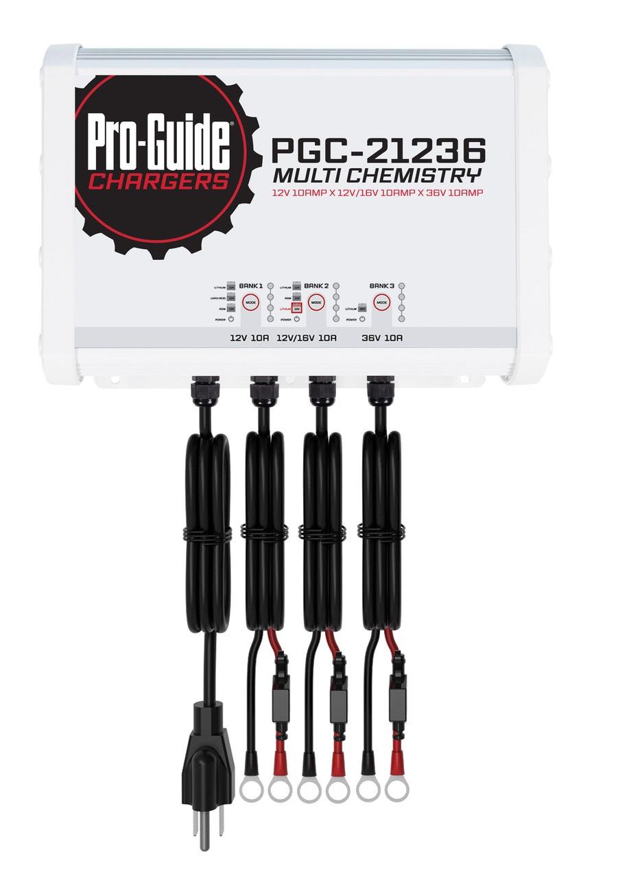 Pro-Guide Batteries Pro-Guide PGC-21236 3-Bank 1x12V/10A Lead Acid/LiFePO4, 1x 12V/16V/10A AGM/LiFePO4 and 1x36V 10A LiFePO4 On Board Charger, IP68