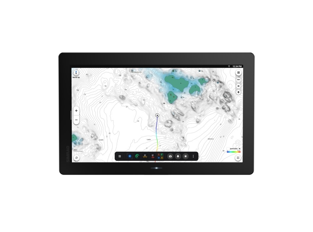 Simrad NSO 4-16 NEON OS, 16-inch Glass-bridge multi-function display. Qualcomm 8-core processor. Full HD touchscreen. Gigabit Ethernet, WIFI, Video In and Out. Next-generation C-MAP