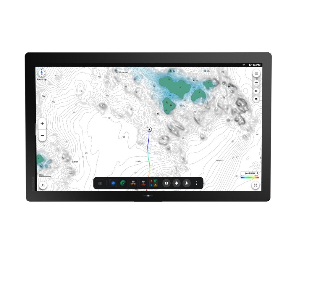 Simrad NSO 4-24. NEON OS, 24-inch Glass-bridge multi-function display. Qualcomm 8-core processor. Full HD touchscreen. Gigabit Ethernet, WIFI, Video In and Out. Next-generation C-MAP